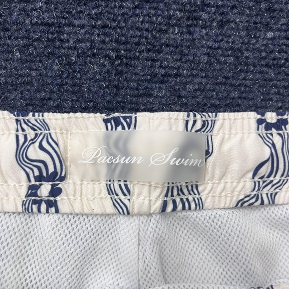 PacSun Swim Trunks Mens‎ XL Blue White Wavy Stripe Floral Lined Shorts Beach - Picture 3 of 11
